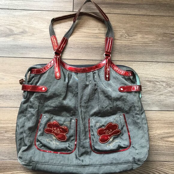 Highway Satchel Purse Tote Bag Large Approximately 18" by 14" Nylon Gray, Red - Picture 2 of 12